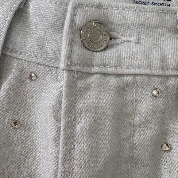 Upcycled Faux Fur Micro Skirt Crystals Y2K White Silver Metallic Voated Denim - Picture 3 of 7